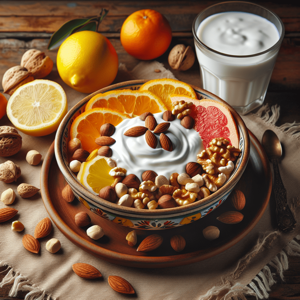 Imagen de un plato de comida colorido que incluya yogur, nueces, cítricos, y un vaso de kéfir