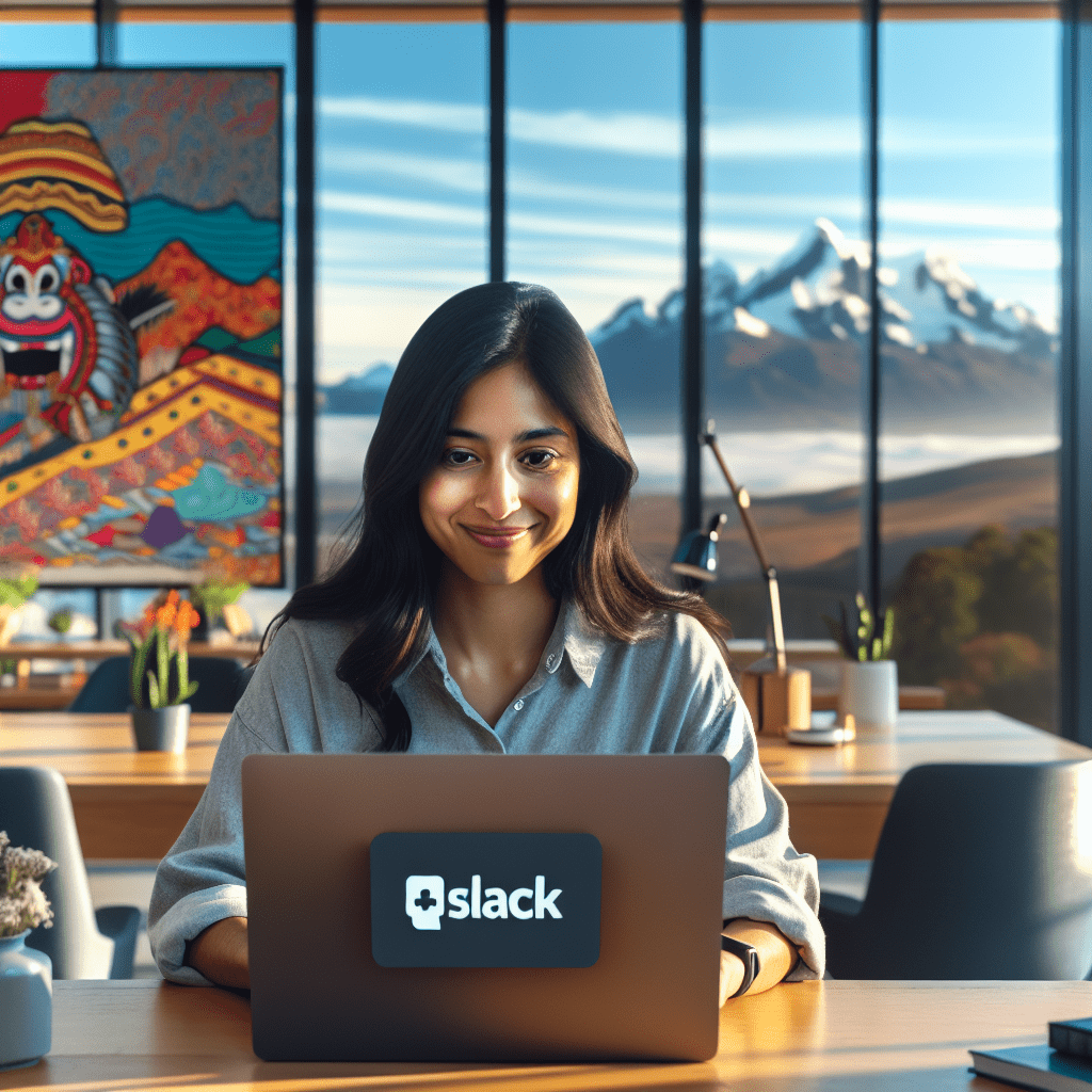 Persona en una oficina en Chile utilizando Slack en su computadora con visible alivio y eficiencia