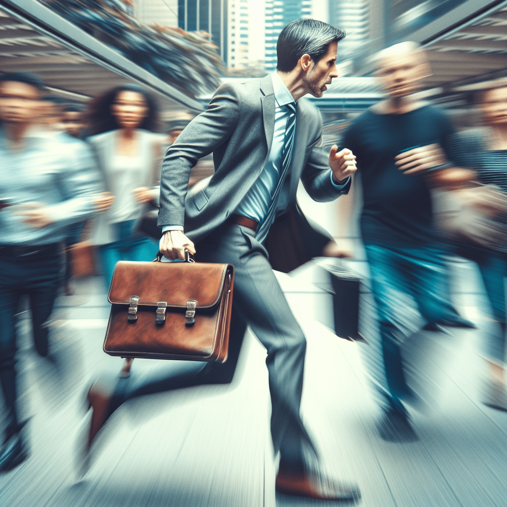 A harried businessperson rushing through a crowded city street, briefcase in hand, with motion blur conveying a sense of frenetic speed and urgency.