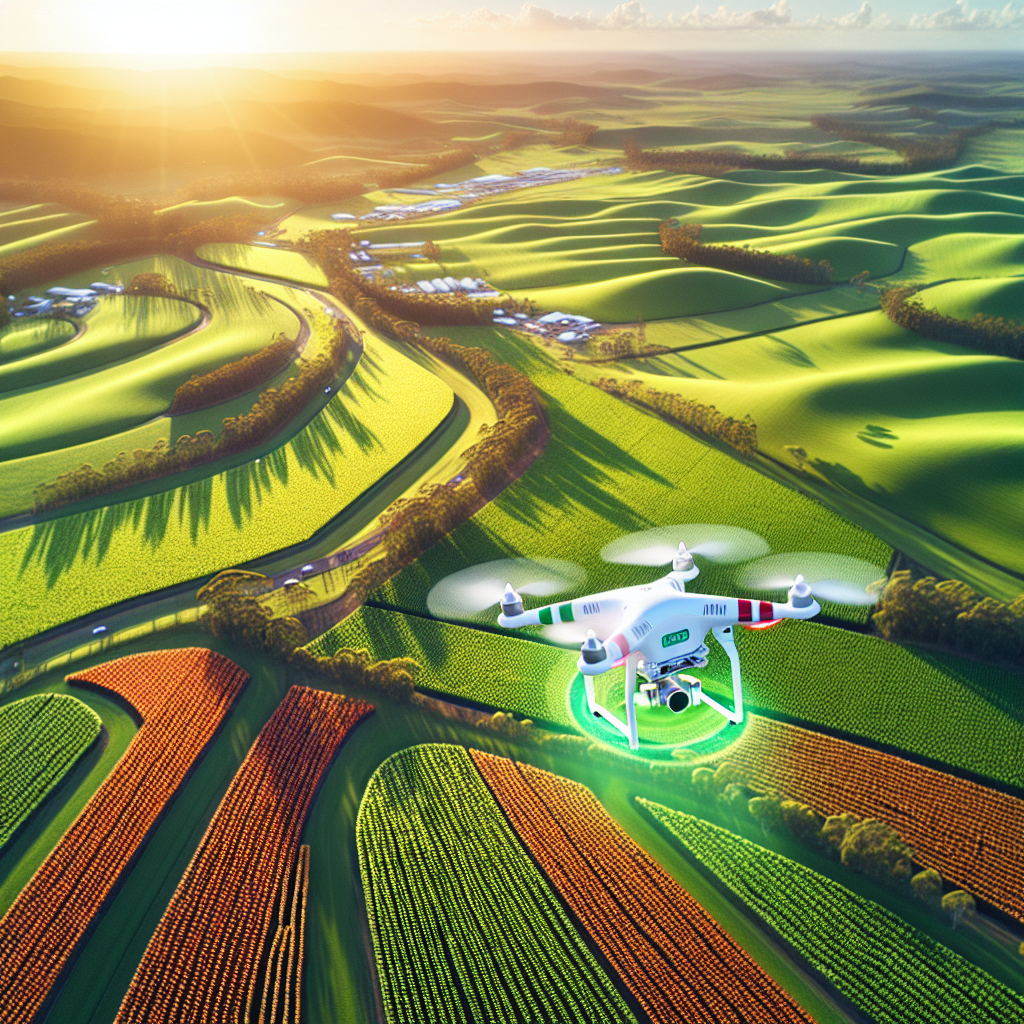 A drone flying over a lush green Australian farm field, capturing real-time data on crop health and soil moisture levels