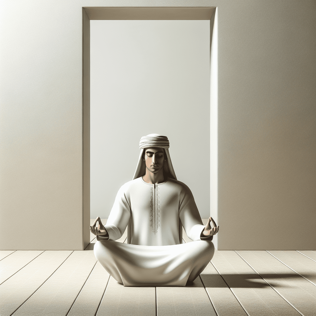 Una persona meditando tranquilamente en un espacio minimalista, irradiando paz y concentración.