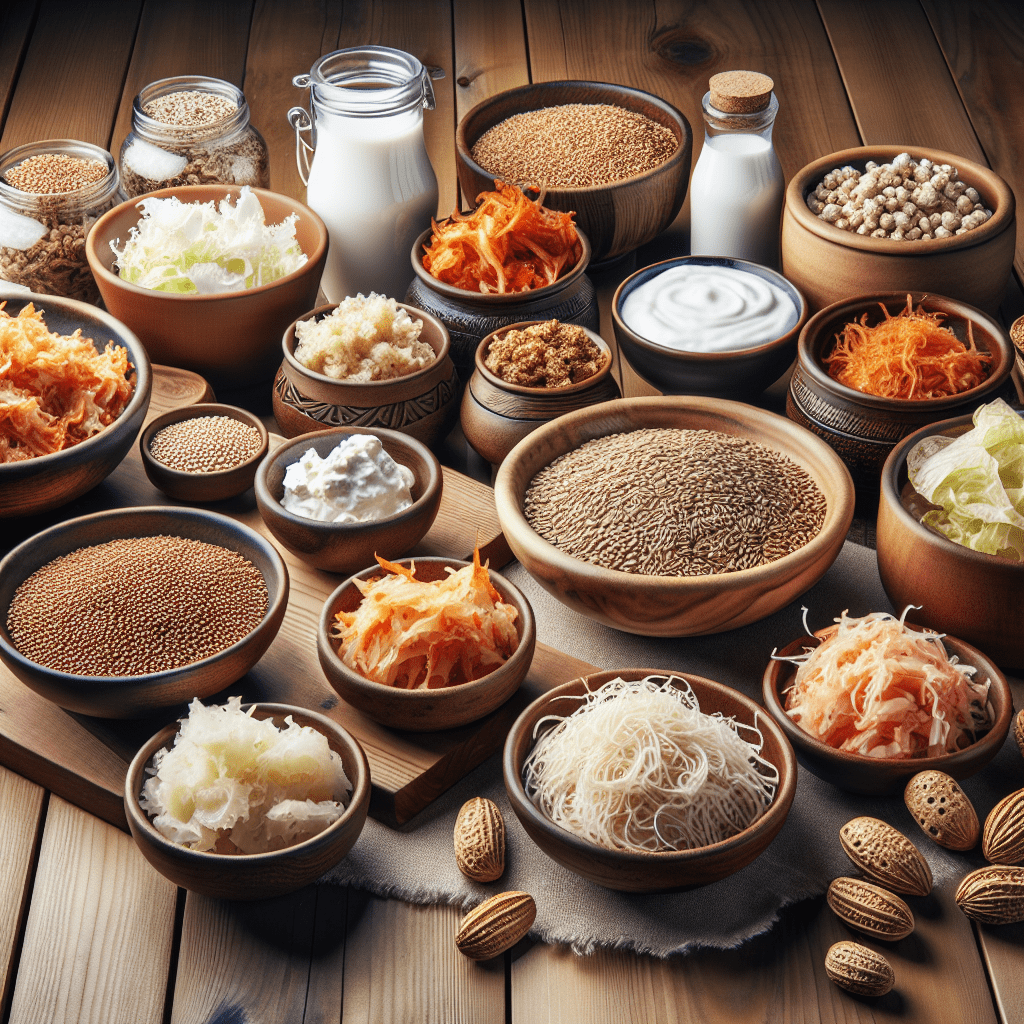 imagen de una variedad de alimentos fermentados y ricos en fibra sobre una mesa de madera.