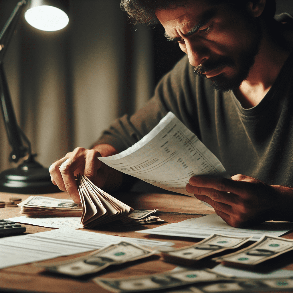 Persona latinoamericana revisando facturas y distribuyendo dinero en sobres sobre una mesa