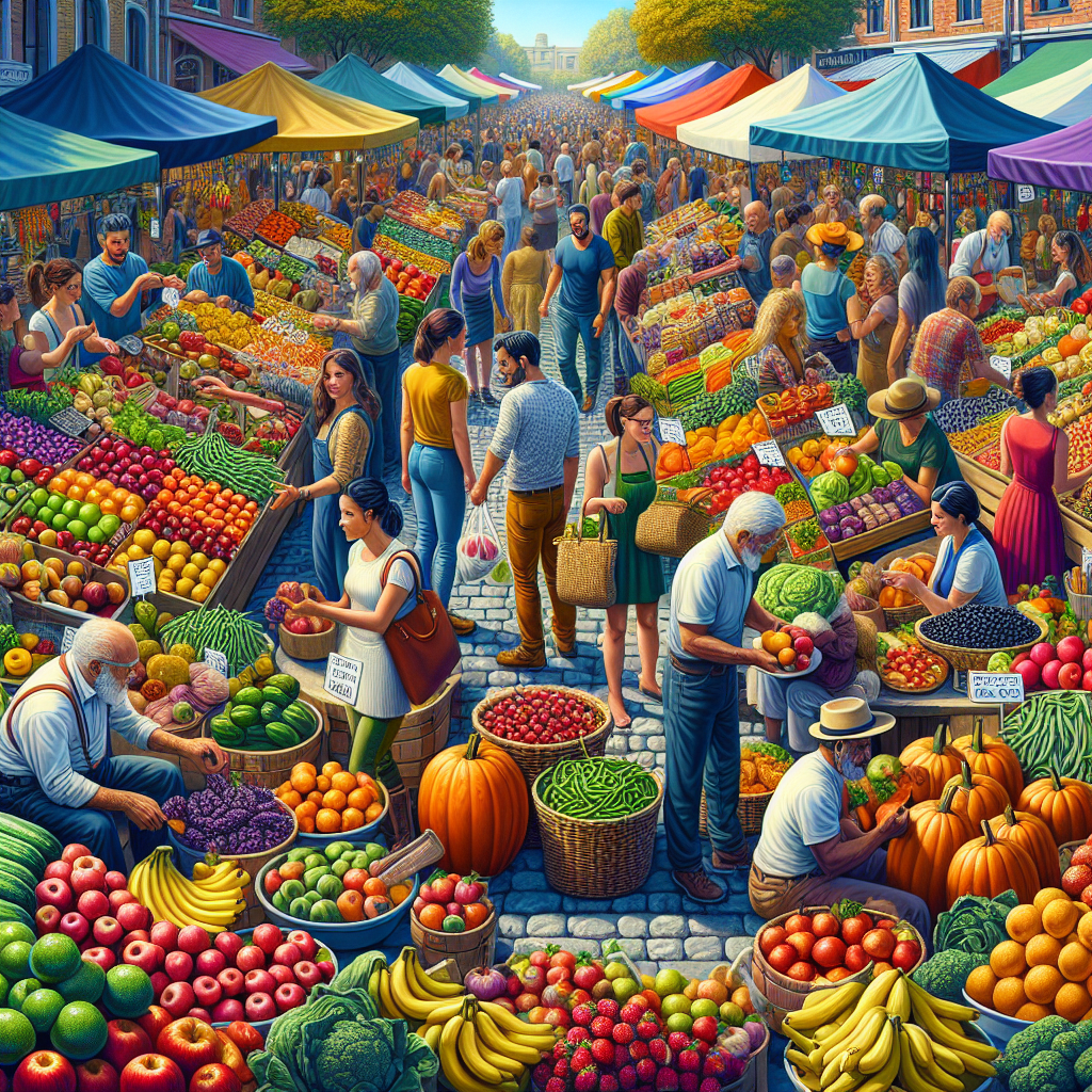 A vibrant farmers market with colorful produce and handmade crafts, bustling with locals engaging in lively conversations.