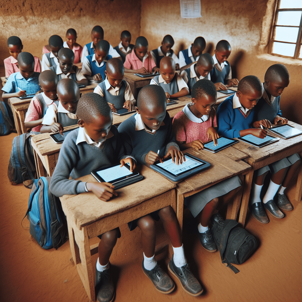 A group of Kenyan students in a rural classroom, eagerly learning on tablets or laptops despite basic classroom conditions