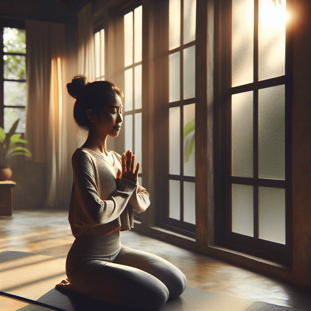 Una persona en un entorno tranquilo practicando yoga matutino con luz suave entrando por la ventana