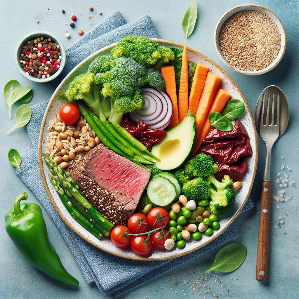 Plato lleno de verduras frescas, granos enteros y una porción de carne magra