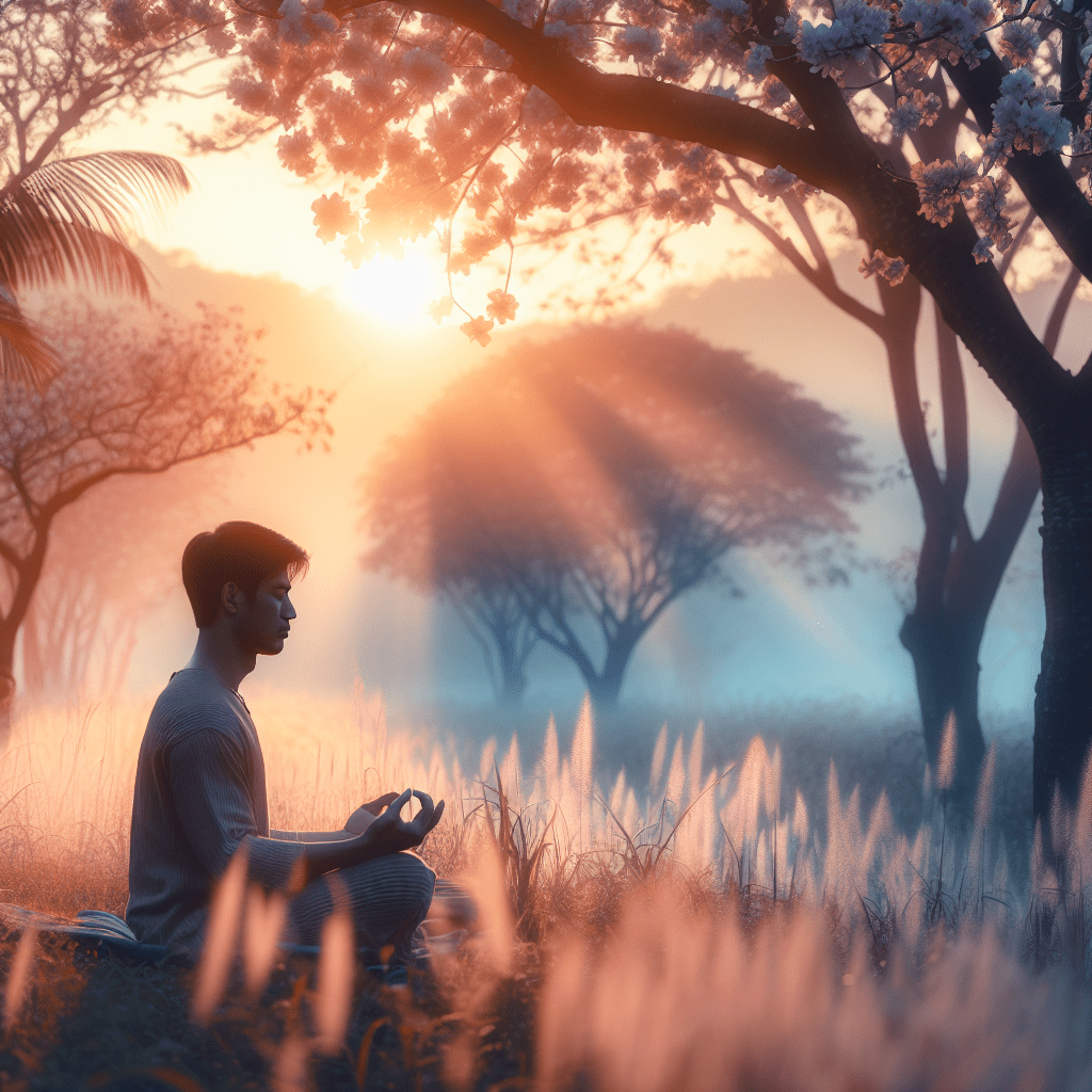 Persona meditando en un ambiente sereno al amanecer