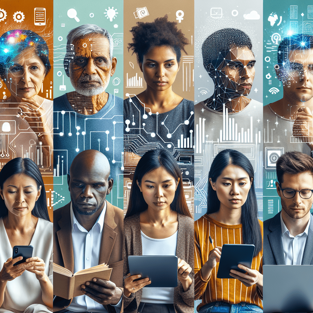 An image showing a diverse group of Australians using smartphones and laptops to manage their finances, with AI-related icons or graphics overlaid