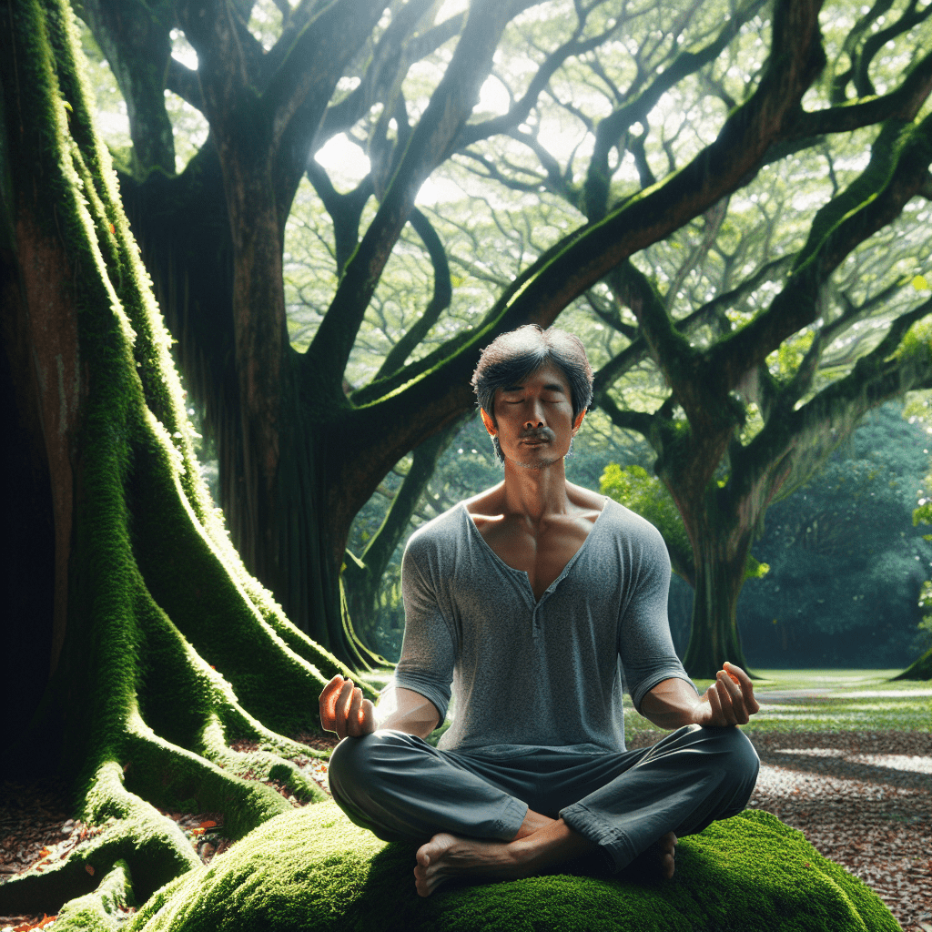 Una persona meditando en un parque tranquilo, reflejando paz y equilibrio emocional