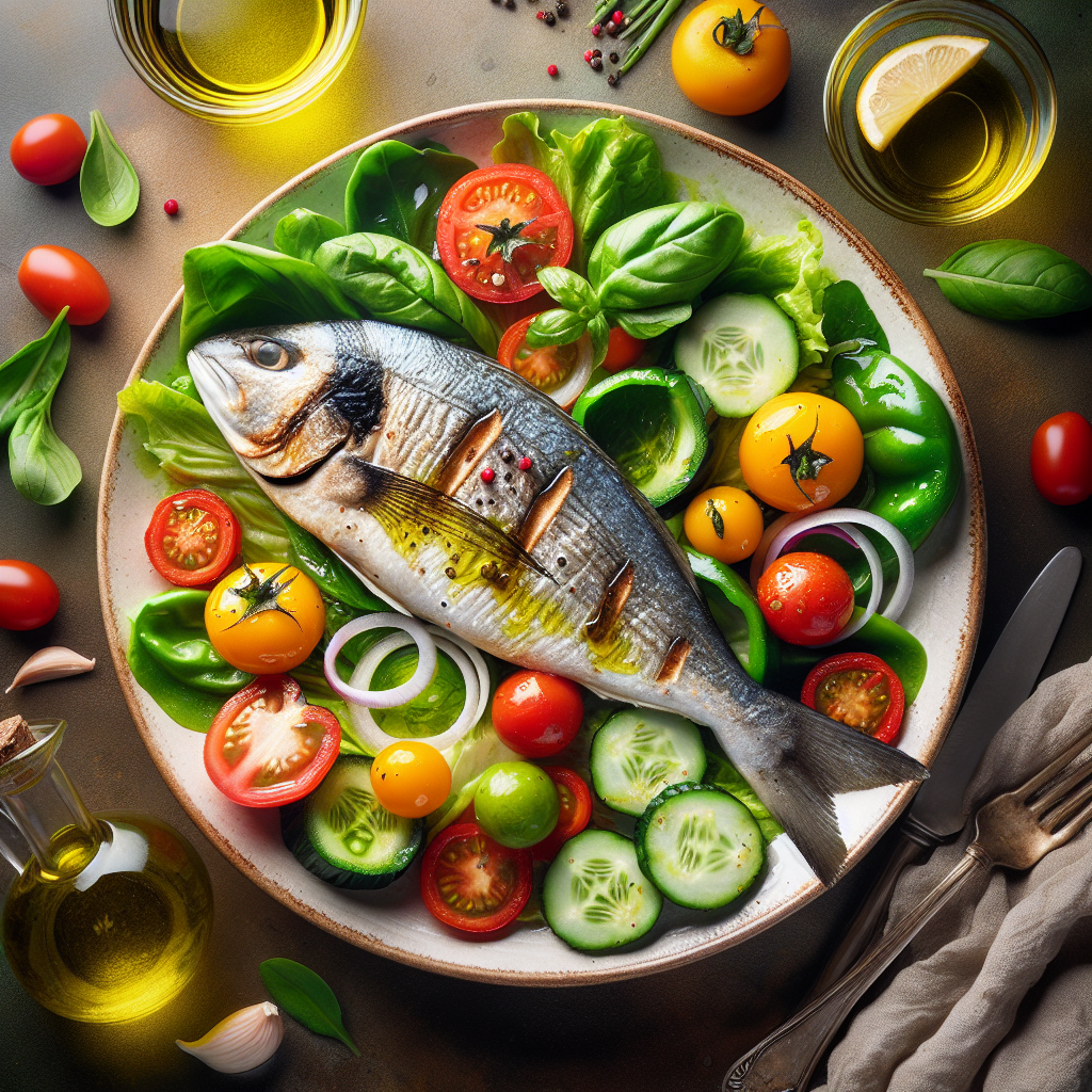 Una imagen que muestre un plato saludable de dieta mediterránea, con énfasis en vegetales, pescados y un toque de aceite de oliva