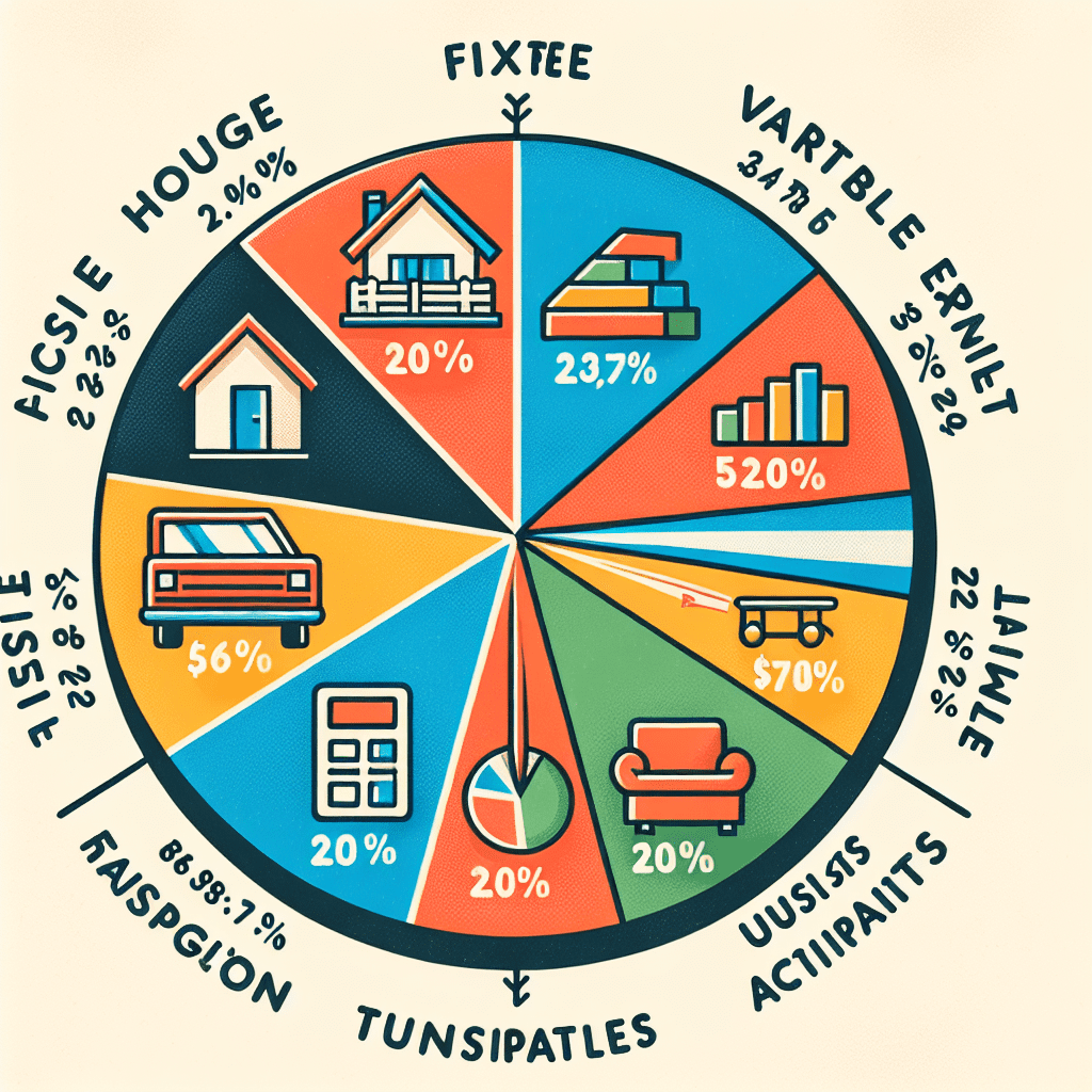 Gráfico de pastel mostrando el porcentaje de gastos fijos y variables en un presupuesto familiar típico.