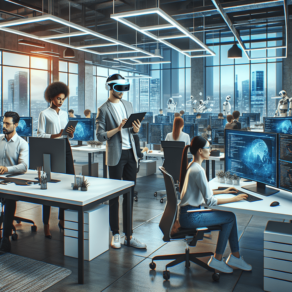 Oficina moderna con trabajadores usando diversas tecnologías digitales