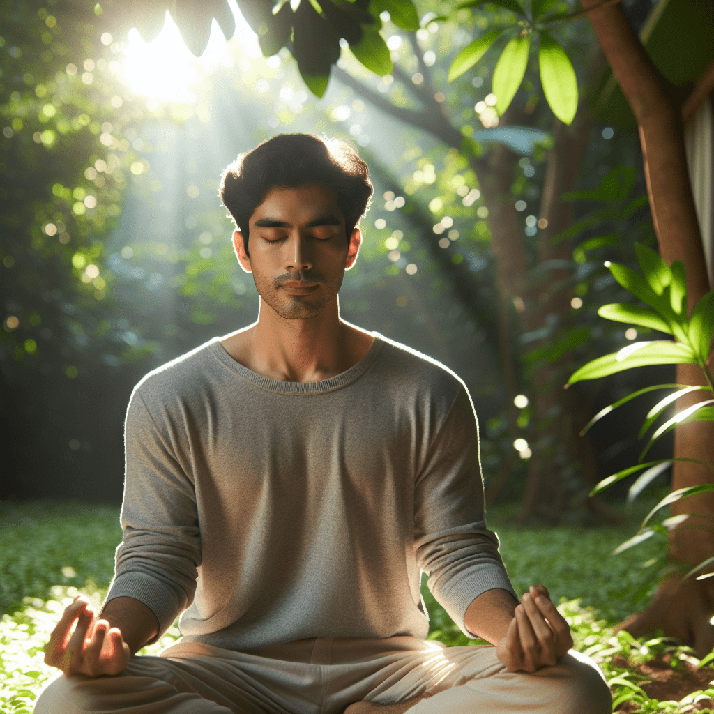 Persona meditando en un entorno tranquilo, con luz suave y naturaleza alrededor