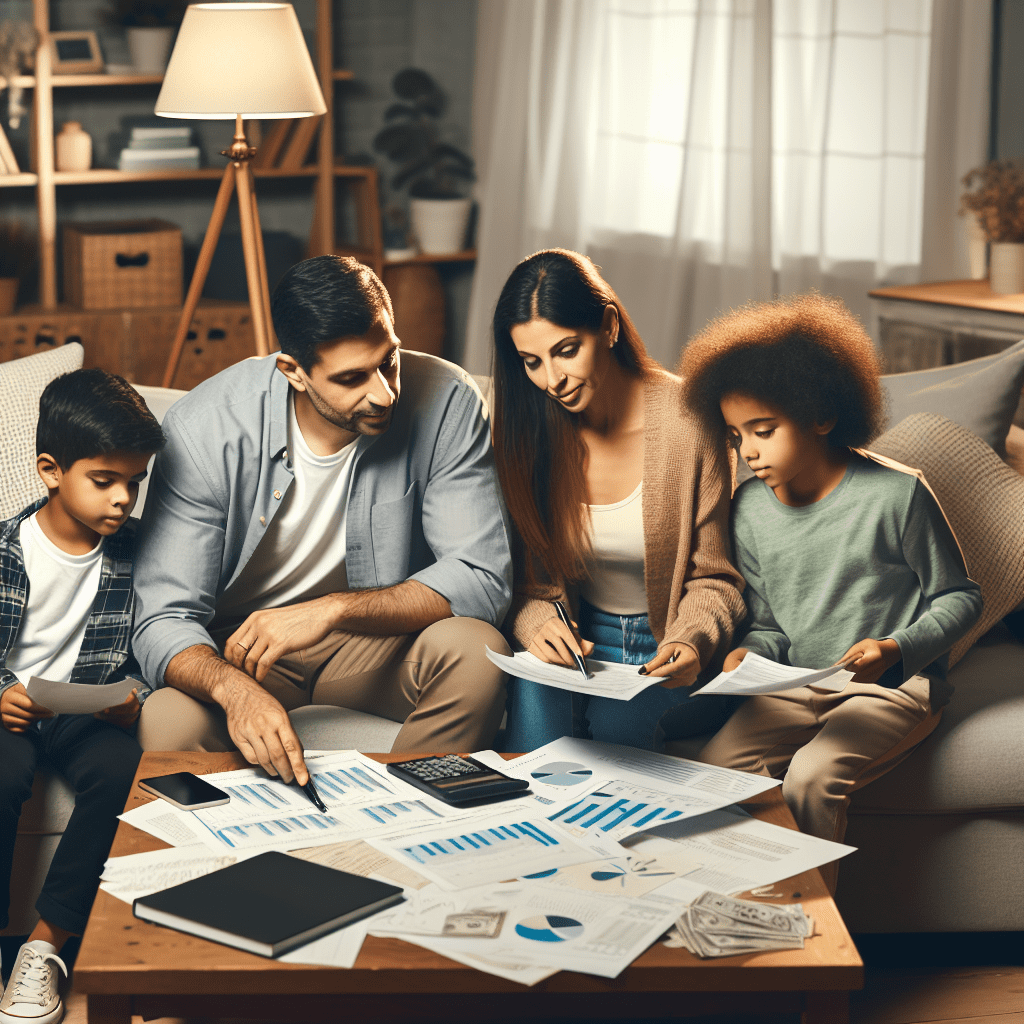imagen de una familia revisando sus finanzas en la sala de estar, con gráficos y calculadora sobre la mesa