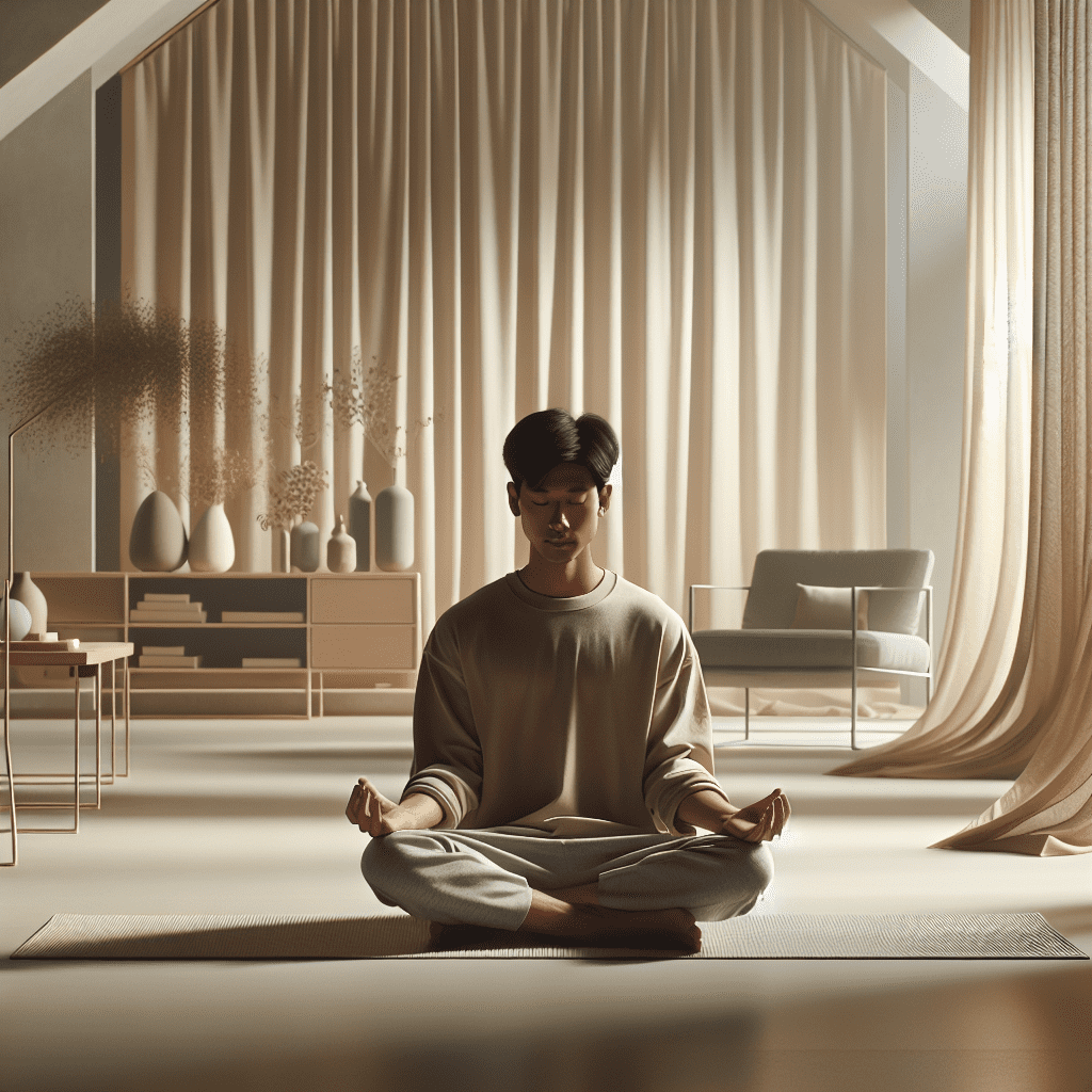 una persona meditando en un espacio tranquilo, con luz suave y decoración minimalista