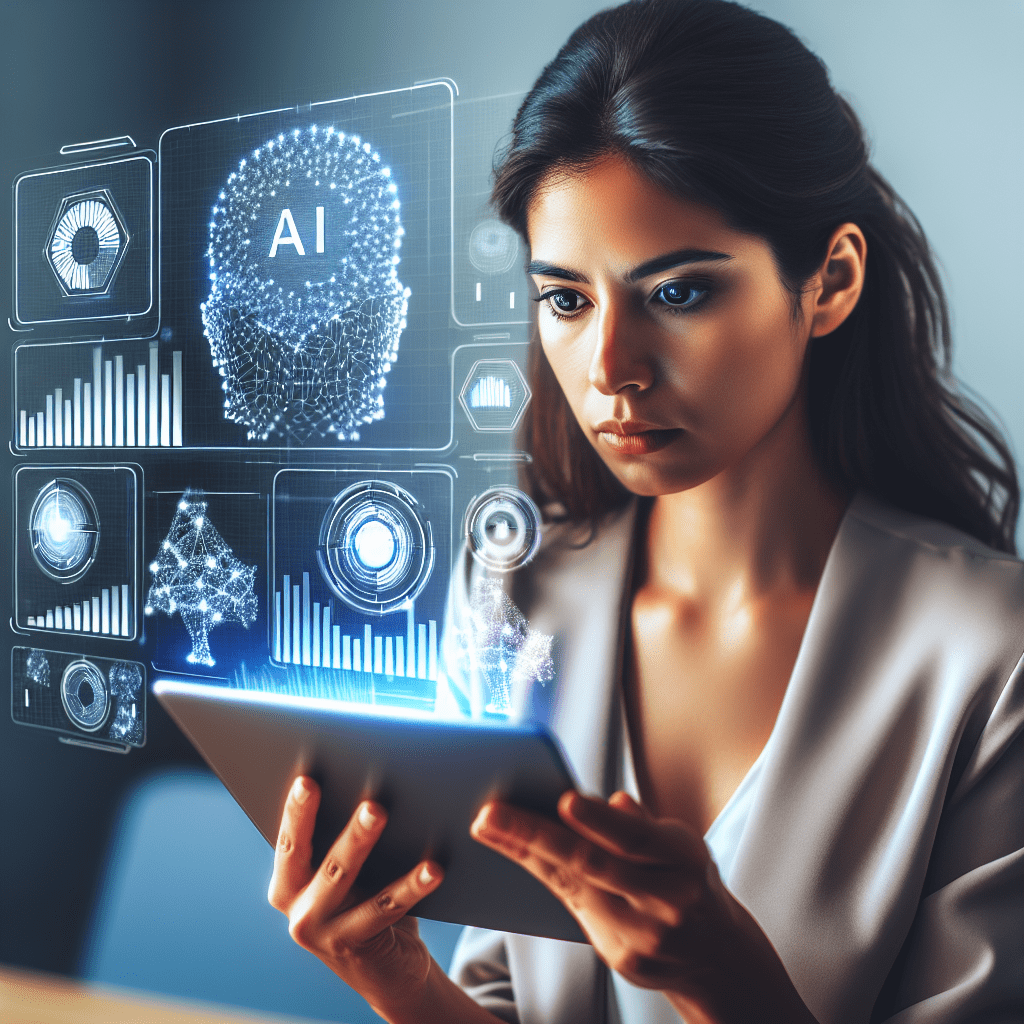 Persona mirando gráficos financieros en una tablet, con iconos de inteligencia artificial y gráficos emergiendo de la pantalla