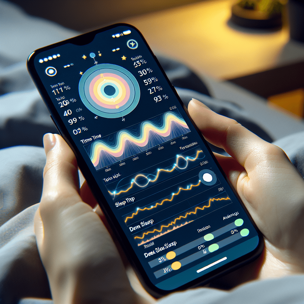 Muestra una gráfica de análisis de sueño en una app en el smartphone, con patrones de sueño ligero y profundo
