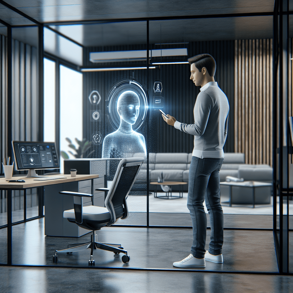 Una oficina moderna mostrando una persona interactuando con un asistente virtual mediante un dispositivo móvil.