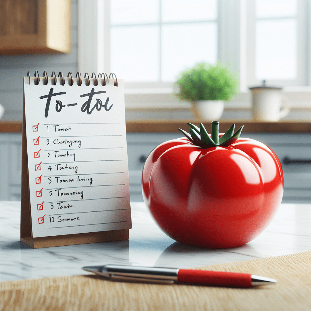 Imagen de un reloj de cocina (tomato timer) junto a una lista de tareas.