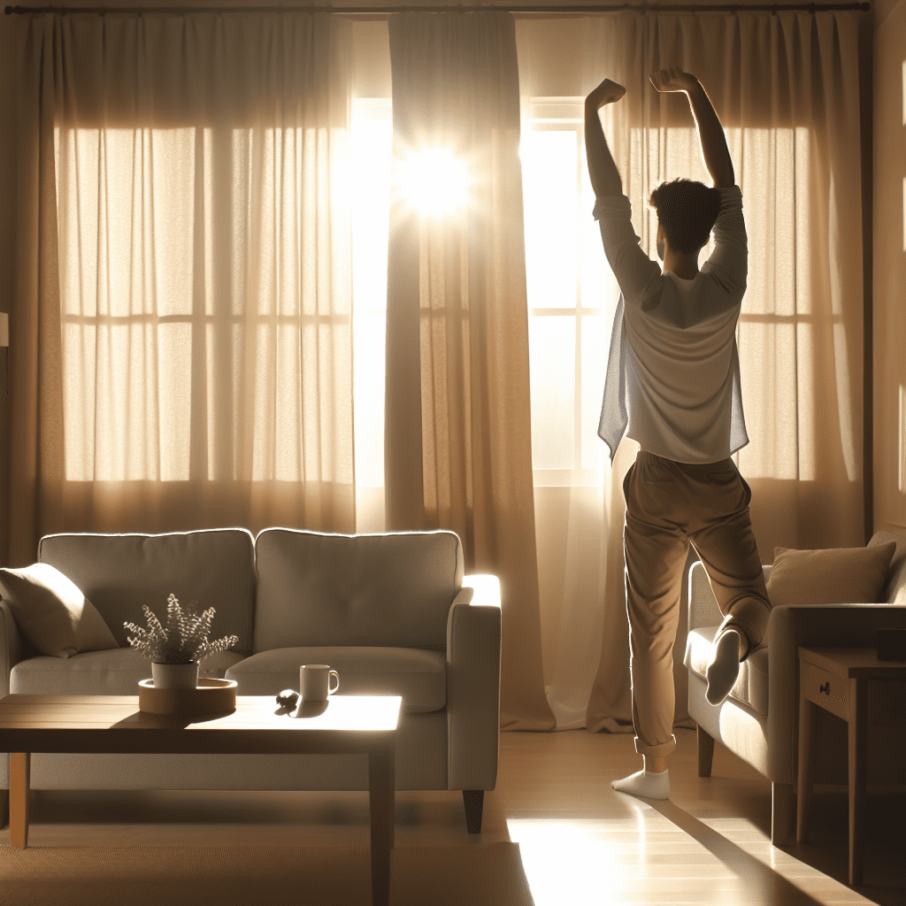 Persona estirándose en su sala de estar con la luz del amanecer entrando por la ventana.