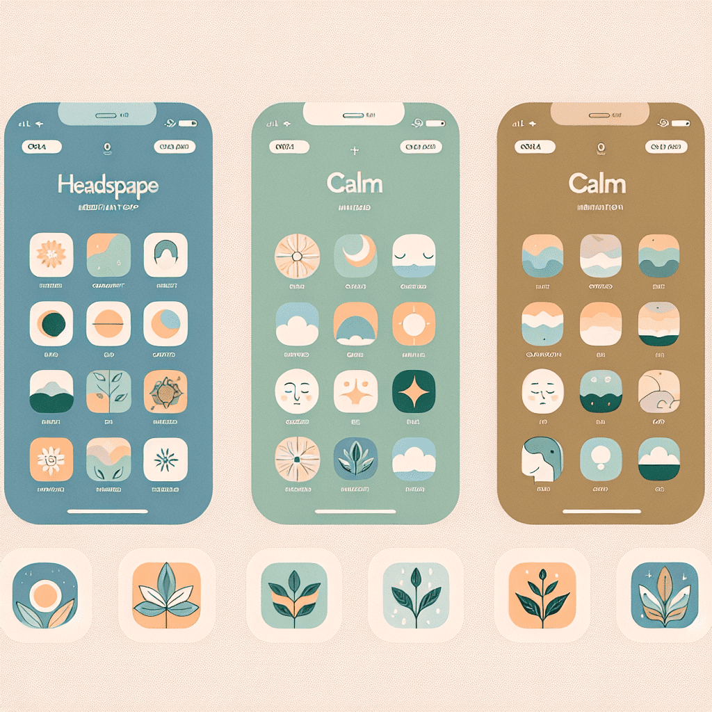 Capturas de pantalla de las interfaces de Headspace, Calm y Insight Timer mostrando las opciones de meditación disponibles.