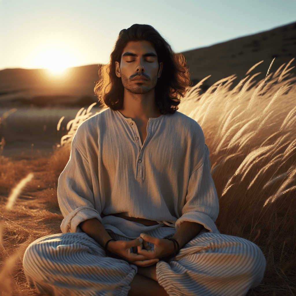 Persona meditando tranquilamente durante el amanecer