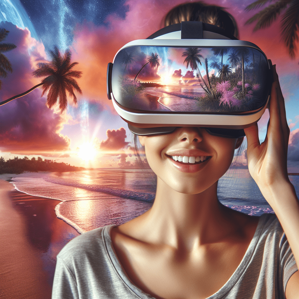 A person using a VR headset, visually experiencing a peaceful beach