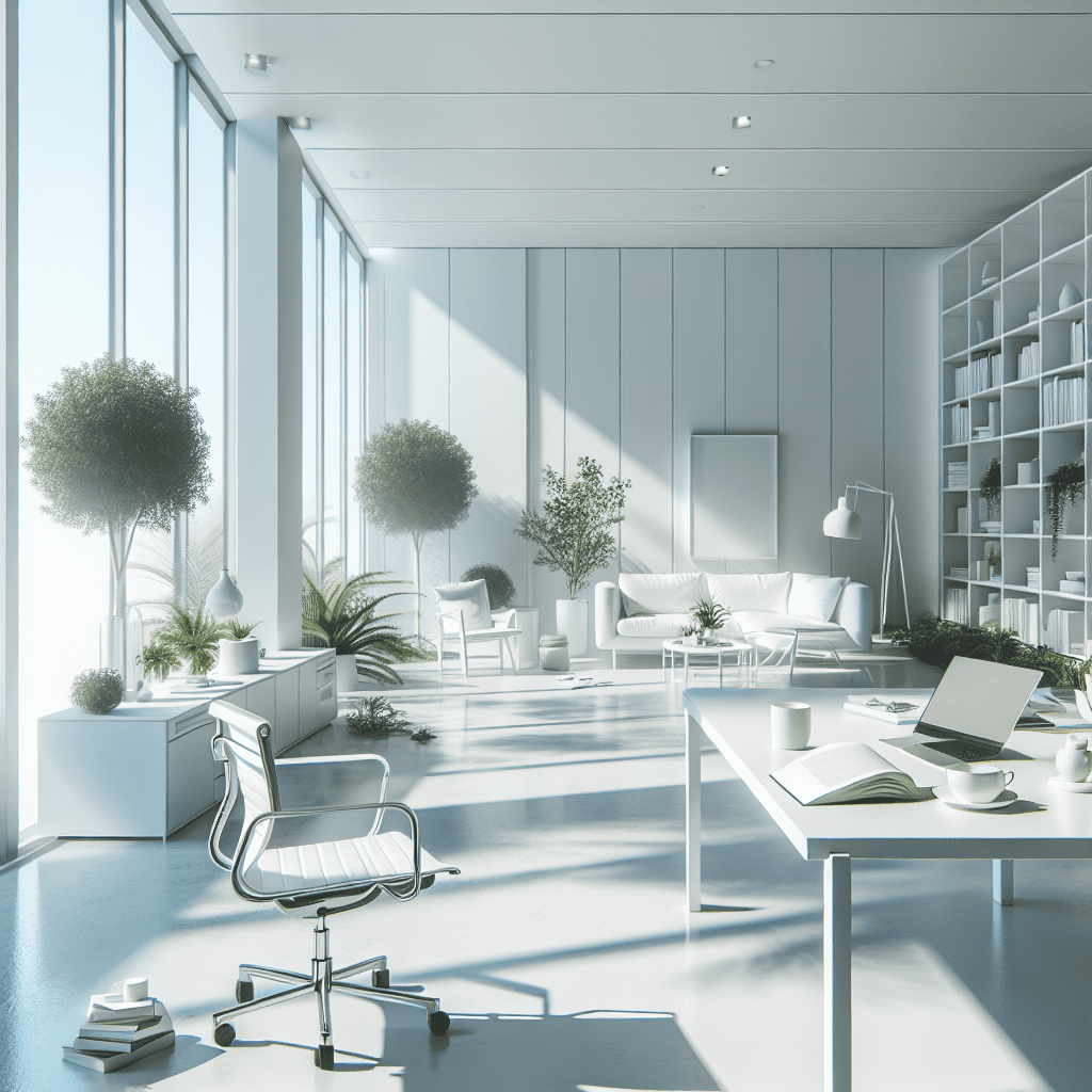 Modern minimalist office space with white furniture and lots of natural light
