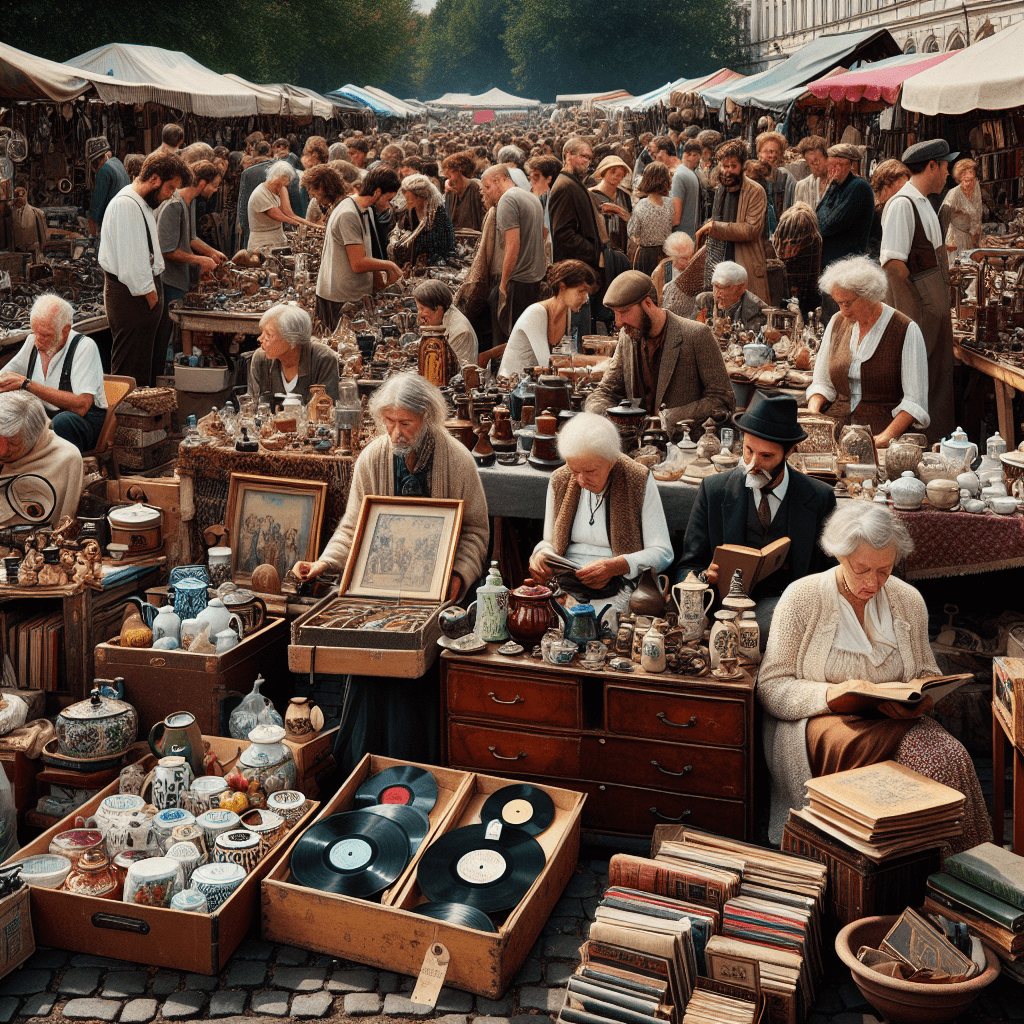 Crowded European flea market with various second-hand items on sale.