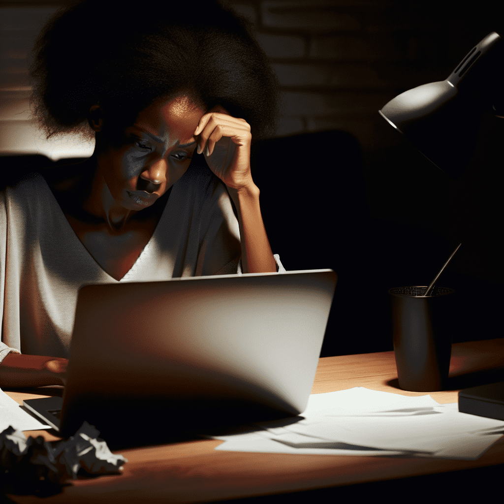 A woman sitting at a desk late at night, looking stressed and exhausted while working on a laptop