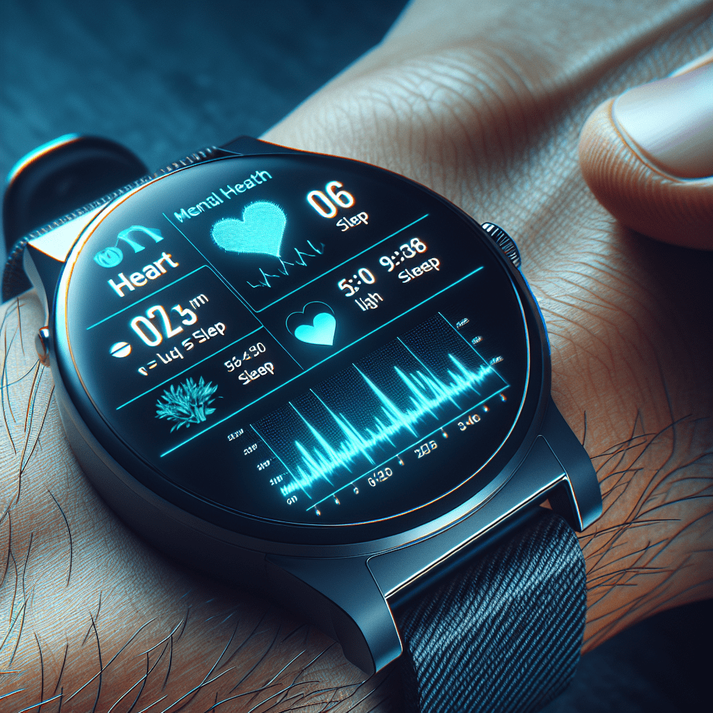 Imagen de un smartwatch mostrando datos de salud mental como ritmo cardíaco y calidad del sueño.