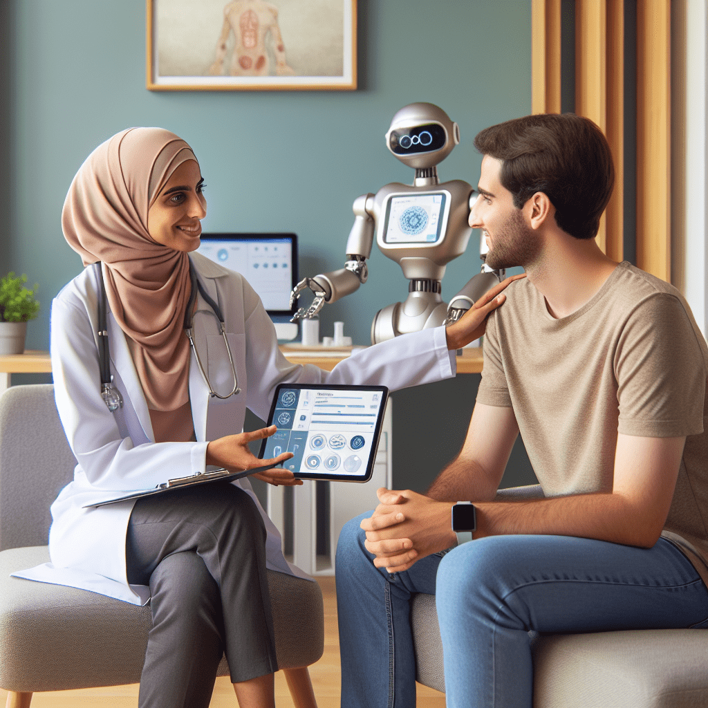 A doctor having a conversation with a patient while an AI assistant captures and analyzes the information on a tablet screen