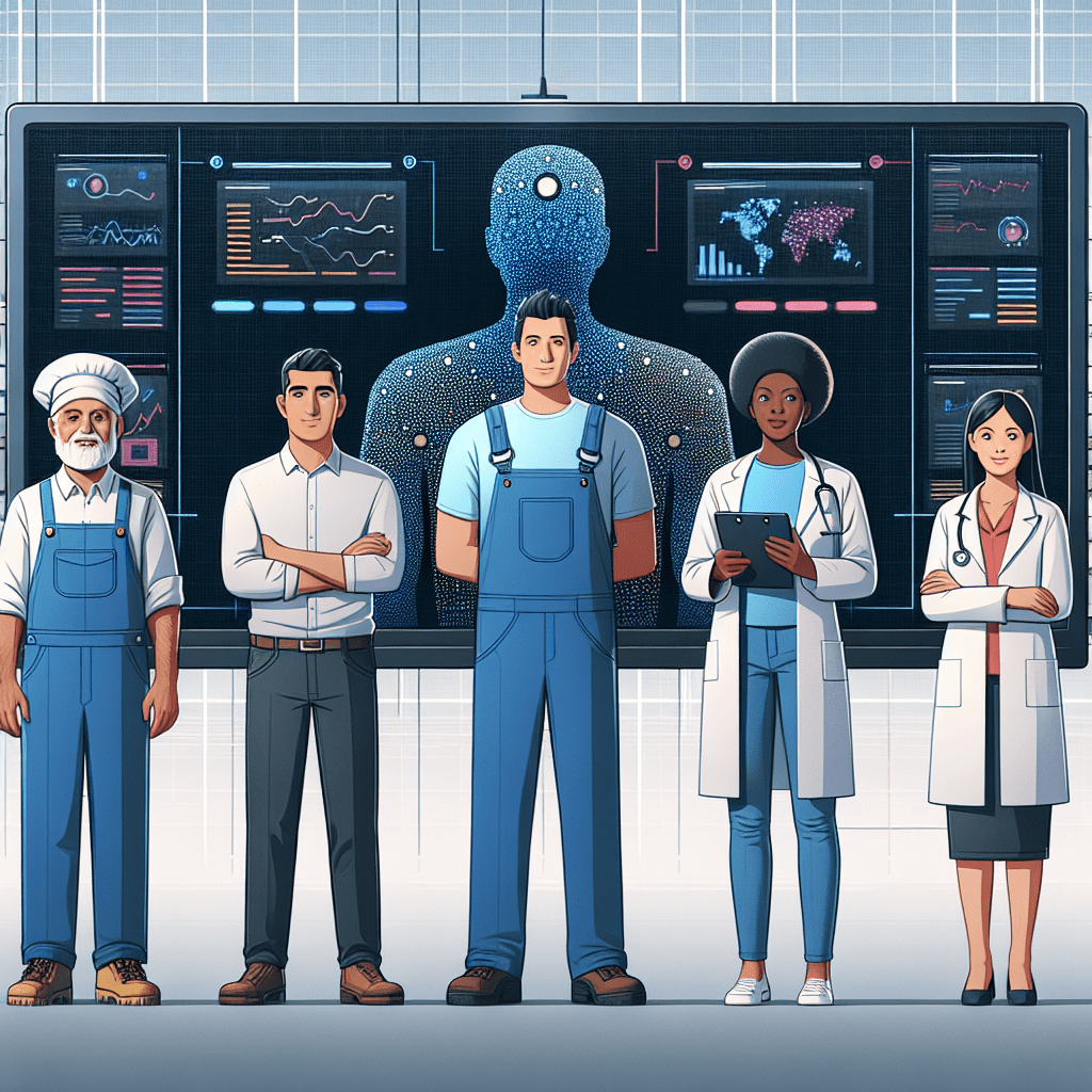 A diverse group of job candidates being evaluated by an AI system