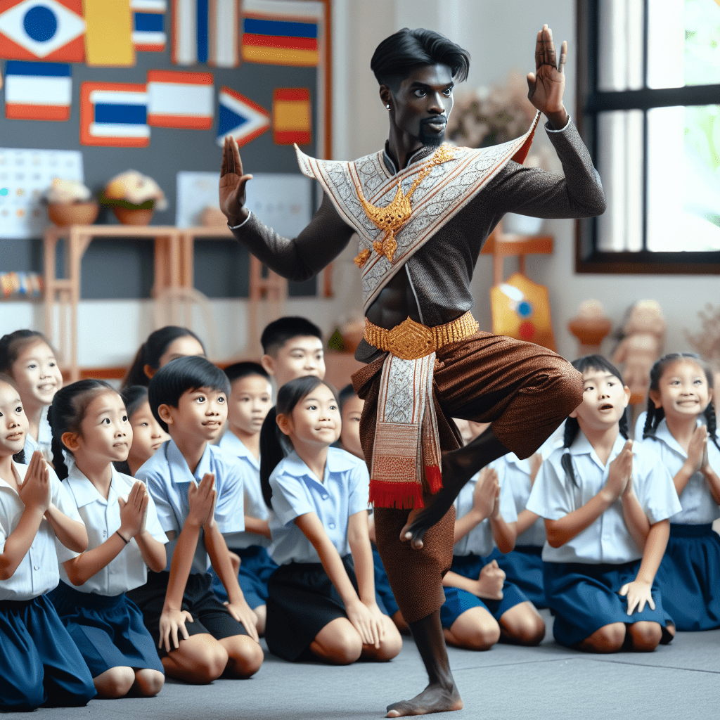 A Thai master artist demonstrating traditional Thai dance to a group of young students in a school setting, with the students actively participating and learning the movements.