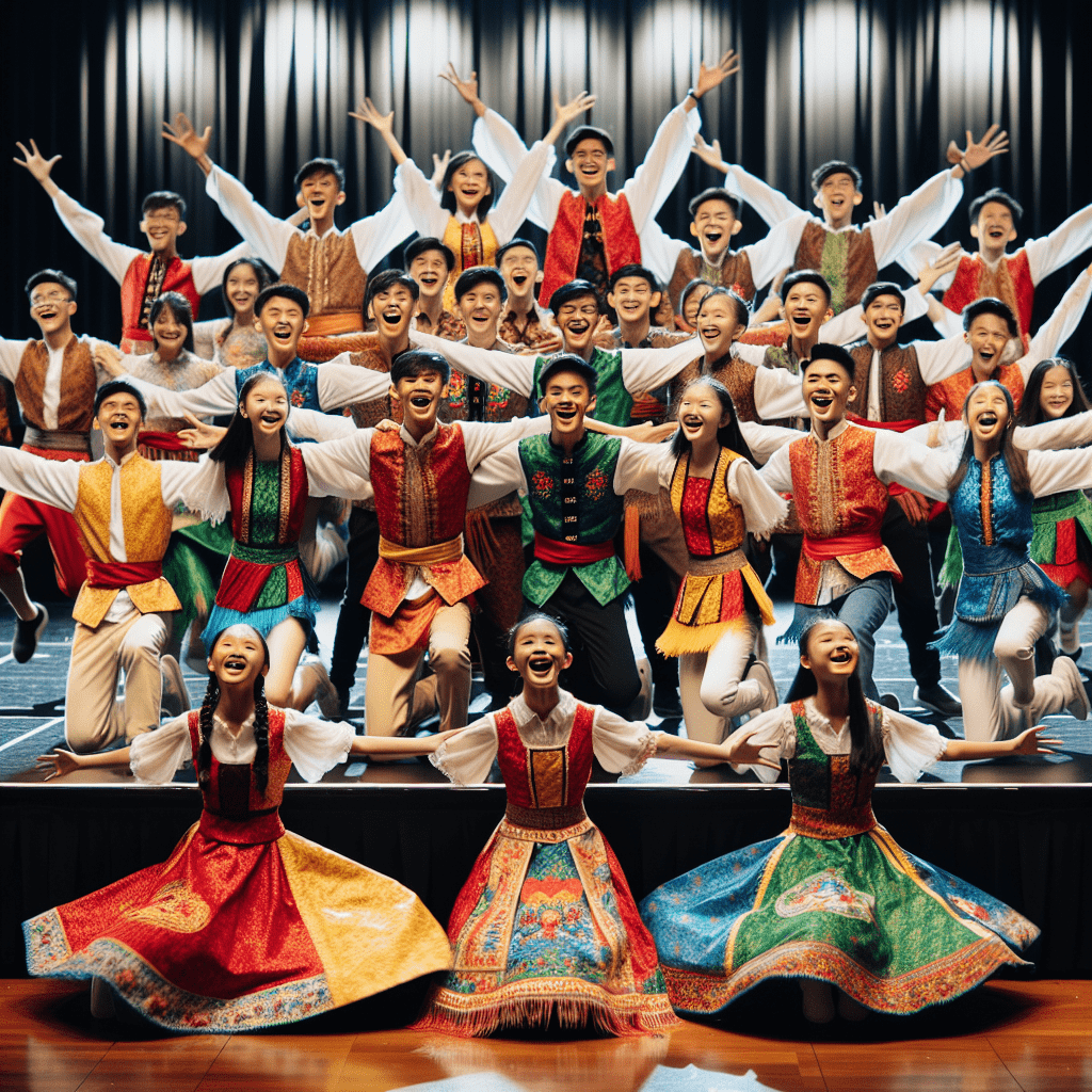 Singaporean students performing a traditional dance in colorful costumes on a school stage