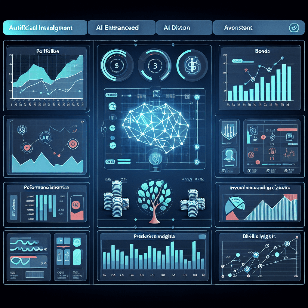A visual representation of an AI-powered investment dashboard, showing a diversified portfolio and performance metrics