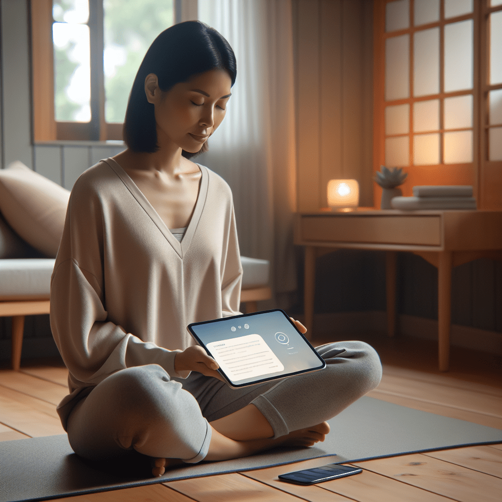 una persona en una habitación tranquila practicando mindfulness con la ayuda de una aplicación guiada por IA en su tableta