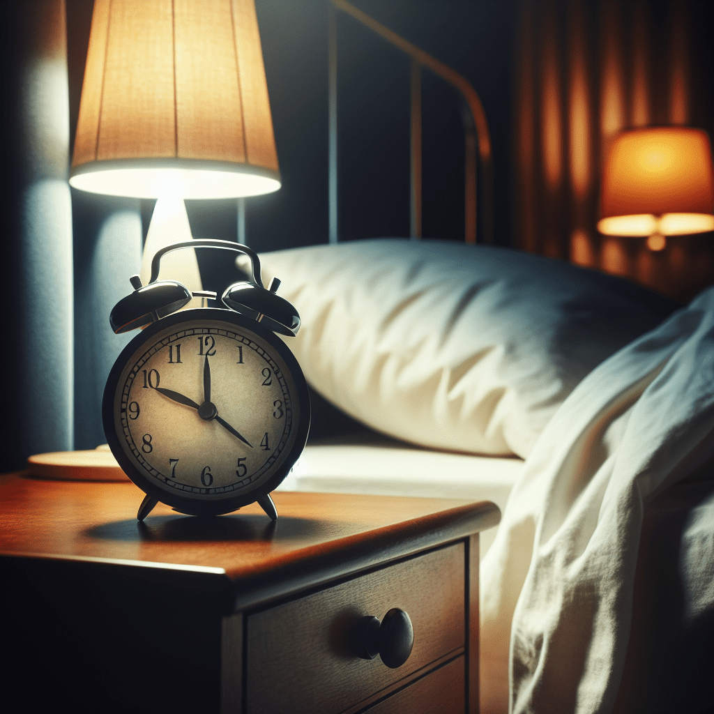 un reloj despertador sobre una mesilla de noche, indicando la hora de dormir en un ambiente calmado y oscuro