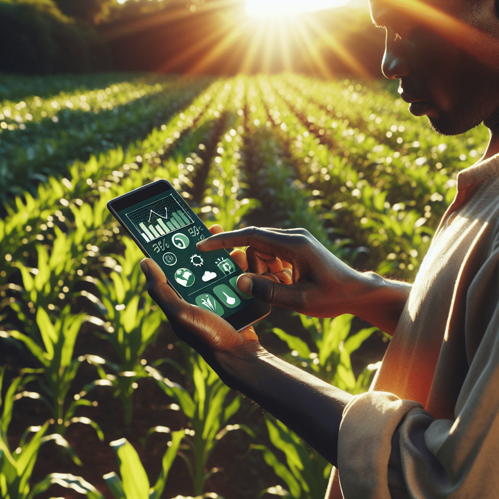 A Kenyan farmer using a smartphone app to monitor crop prices and weather patterns