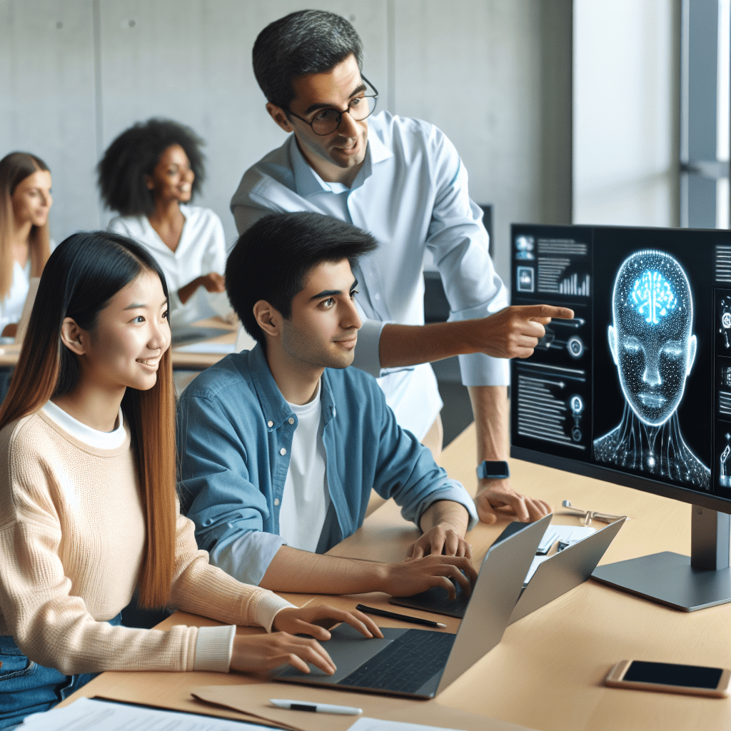 A diverse group of students learning about AI in a classroom setting, with interactive displays and hands-on projects