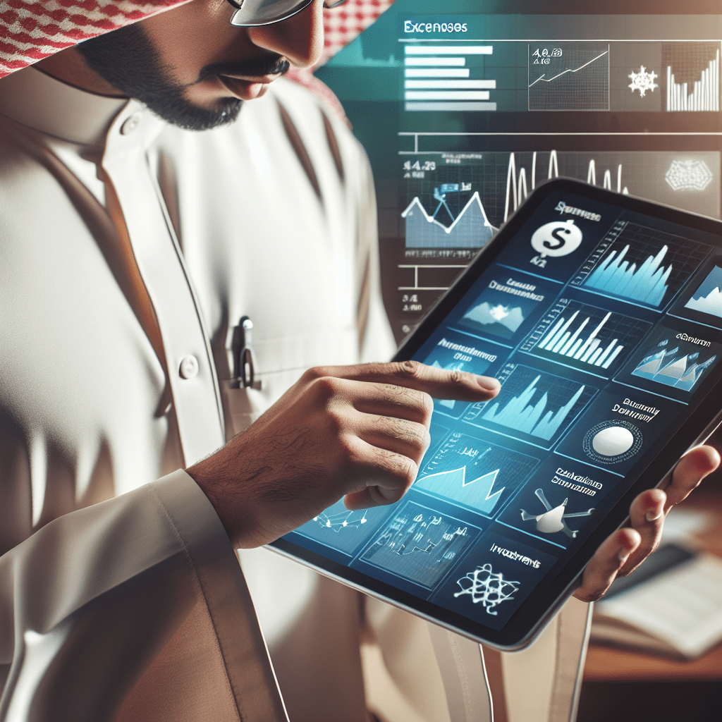 una persona revisando sus finanzas personales en una tablet con diferentes gráficas de sus gastos e inversiones