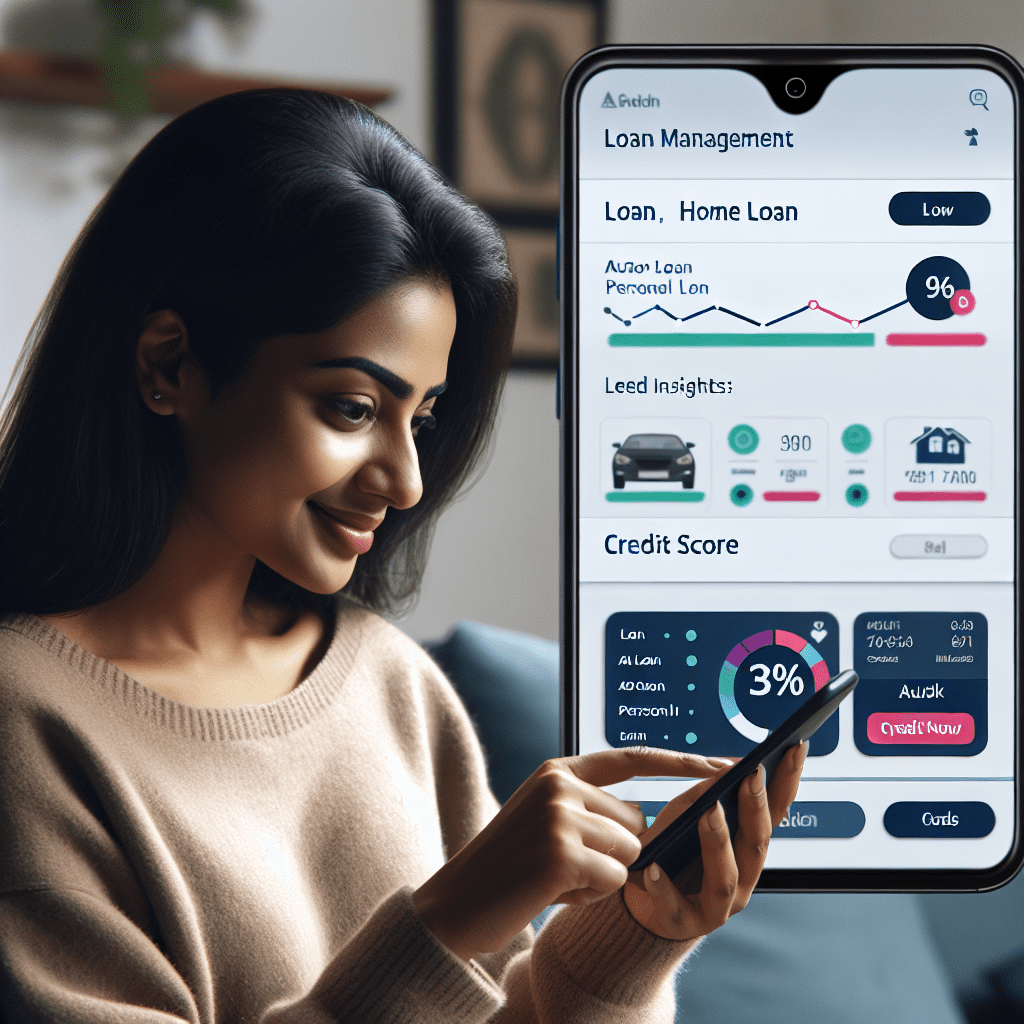 A person using a loan management app, with a dashboard showing loan options and credit score insights