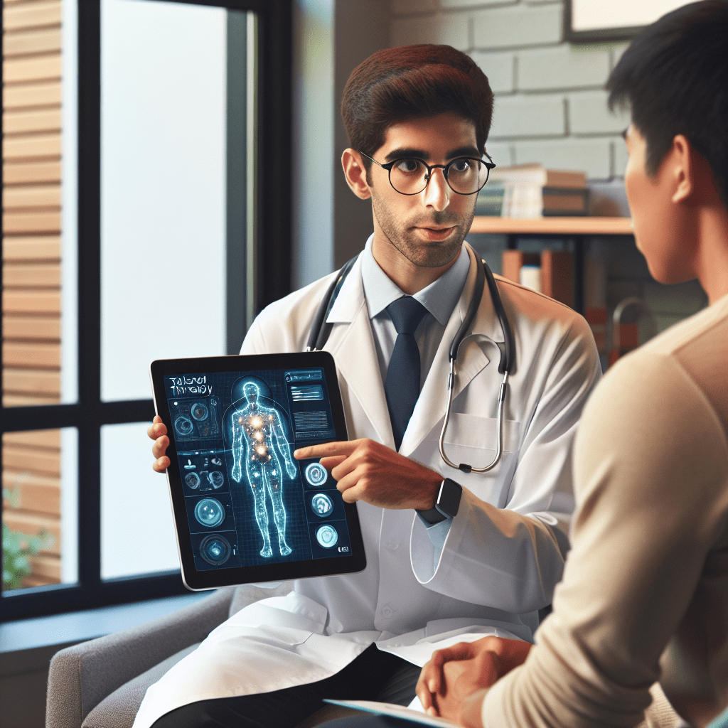 A doctor discussing a personalized treatment plan with a patient, using an AI-powered tool on a tablet device
