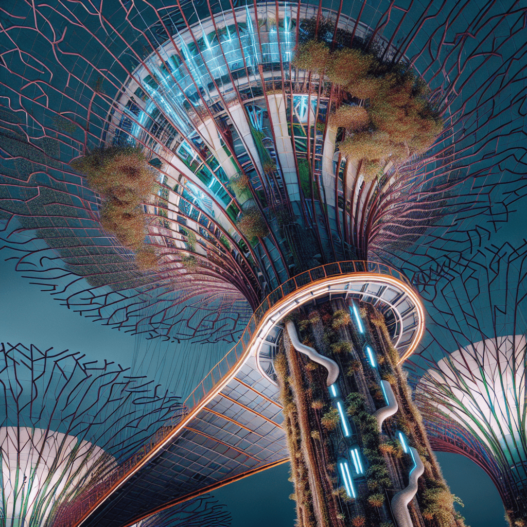 Close-up of the iconic Supertrees at Gardens by the Bay, showcasing the integration of technology and nature
