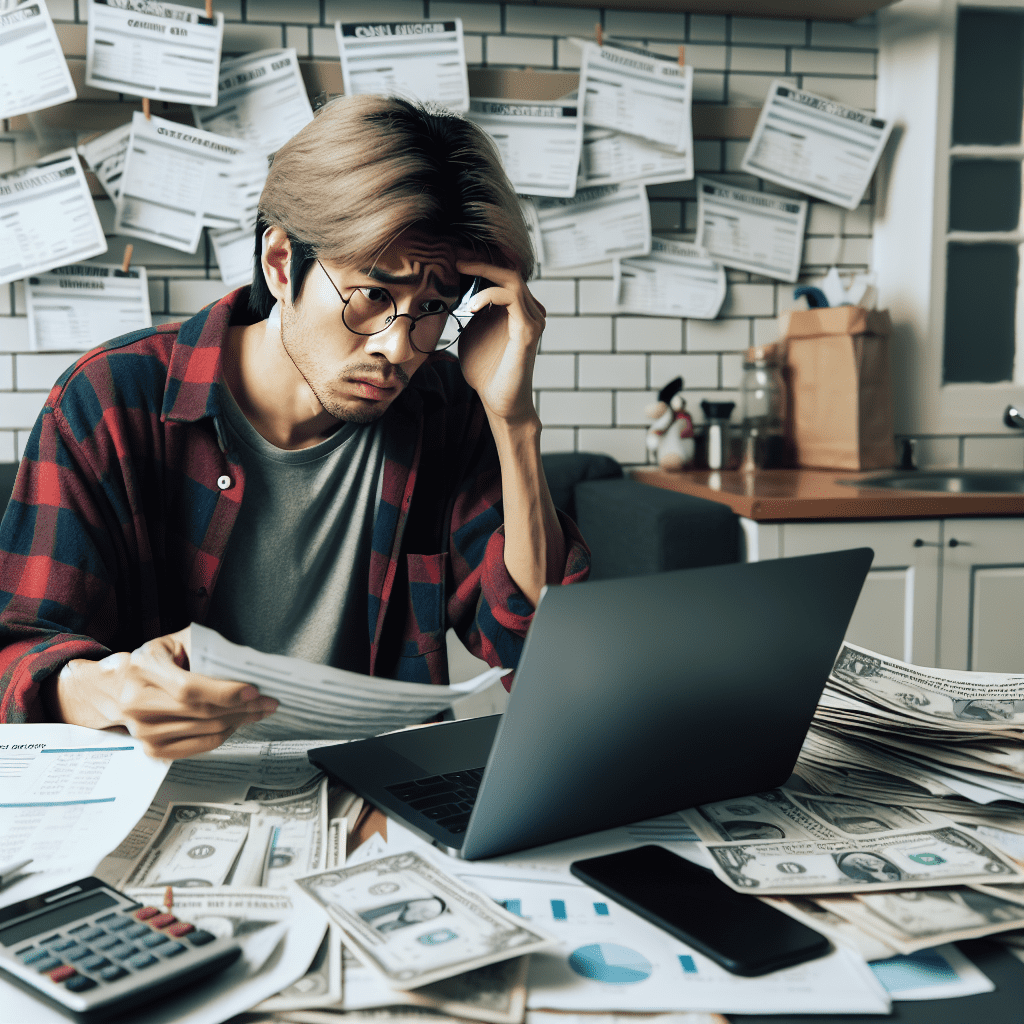 A person sitting at a laptop with a worried expression, surrounded by bills and financial documents, illustrating the financial challenges and uncertainties faced by many gig workers in Canada.