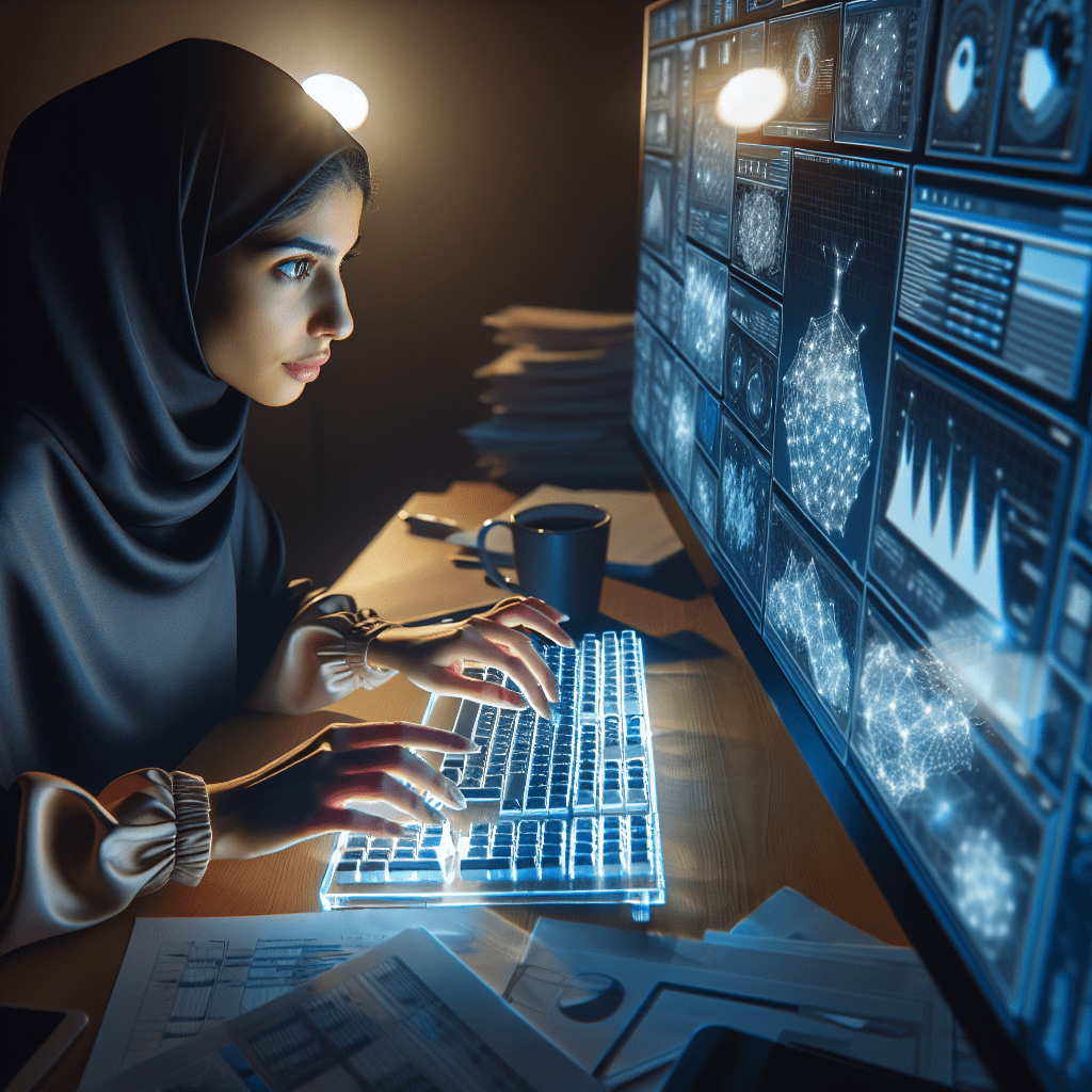 A data scientist working with predictive analytics visualizations on a large screen