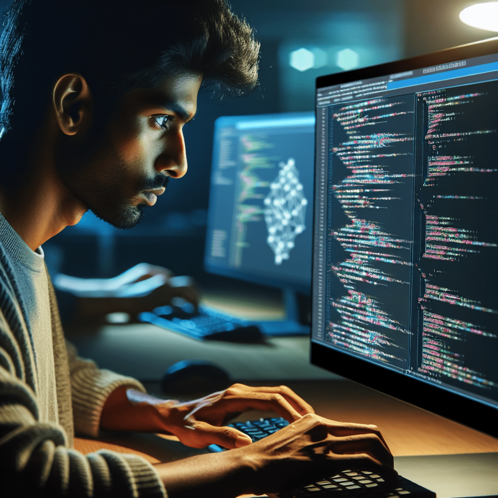 Programmer optimizing AI algorithms on a computer screen
