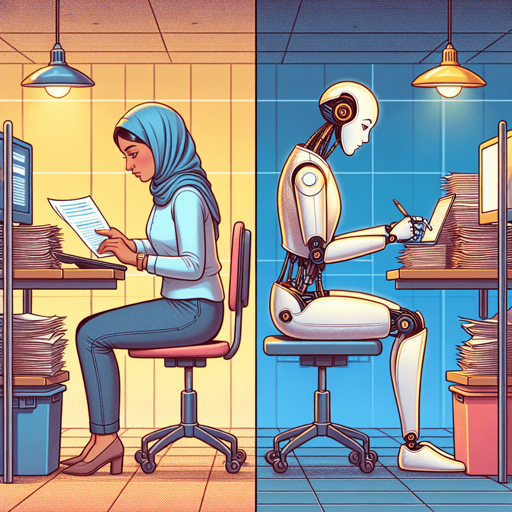 A side-by-side comparison of a human and an AI handling the same repetitive task