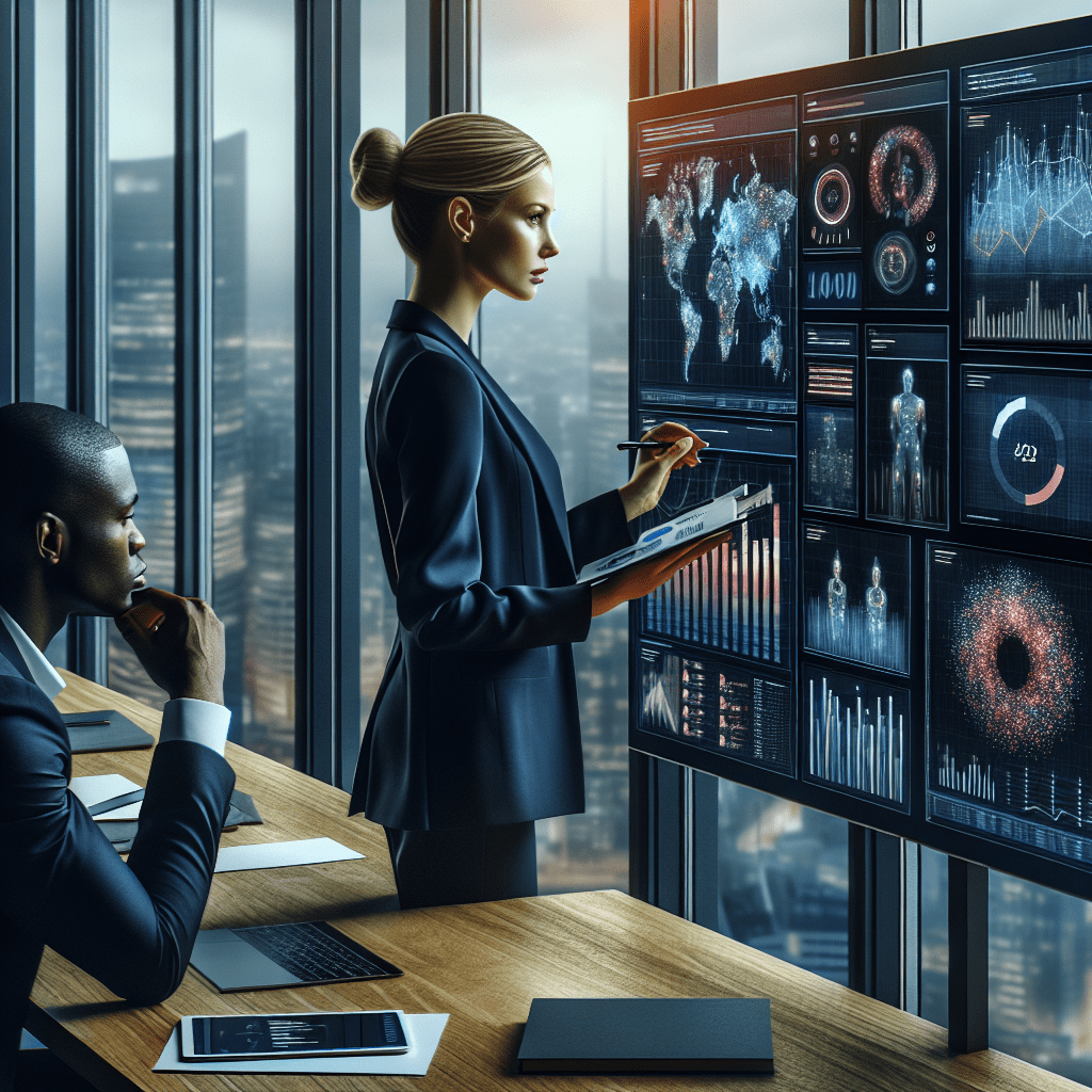 A business executive studying a dashboard with AI-generated insights and data visualizations on a large screen
